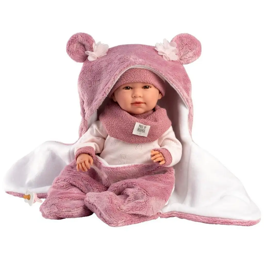 imagen de Llorens: Mimi muñeca llorona de 42 cm con saco de dormir suave con orejas de oso rosa 1