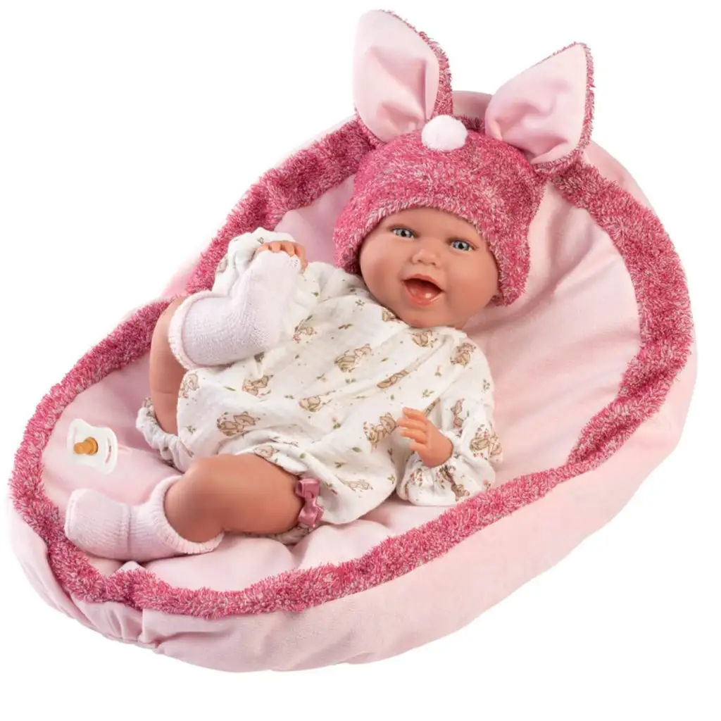 imagen de Llorens: Mimi muñeca sonriente de 42 cm con orejas de conejo y gorro rosa con almohada 2