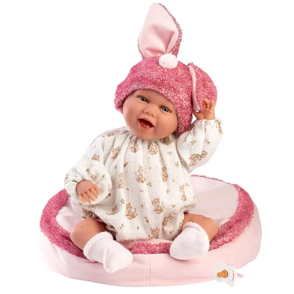 imagen de Llorens: Mimi muñeca sonriente de 42 cm con orejas de conejo y gorro rosa con almohada 1