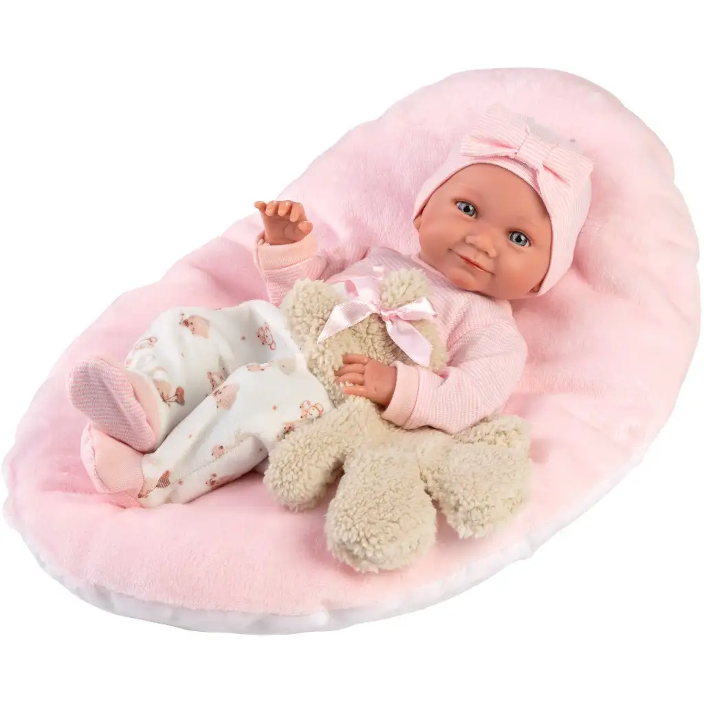imagen de Llorens: Nica muñeca recién nacida de 40 cm con osito y cuna rosa 2