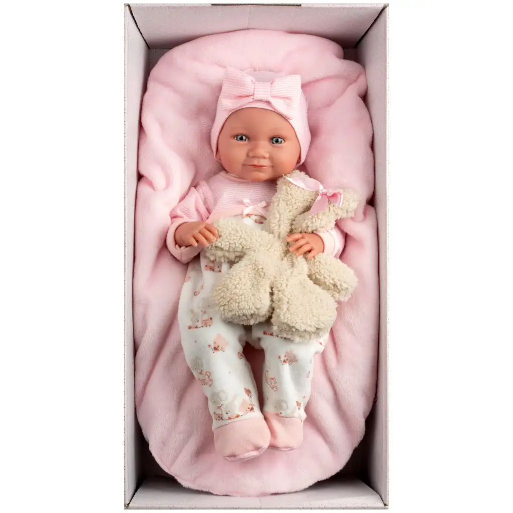 imagen de Llorens: Nica muñeca recién nacida de 40 cm con osito y cuna rosa 3