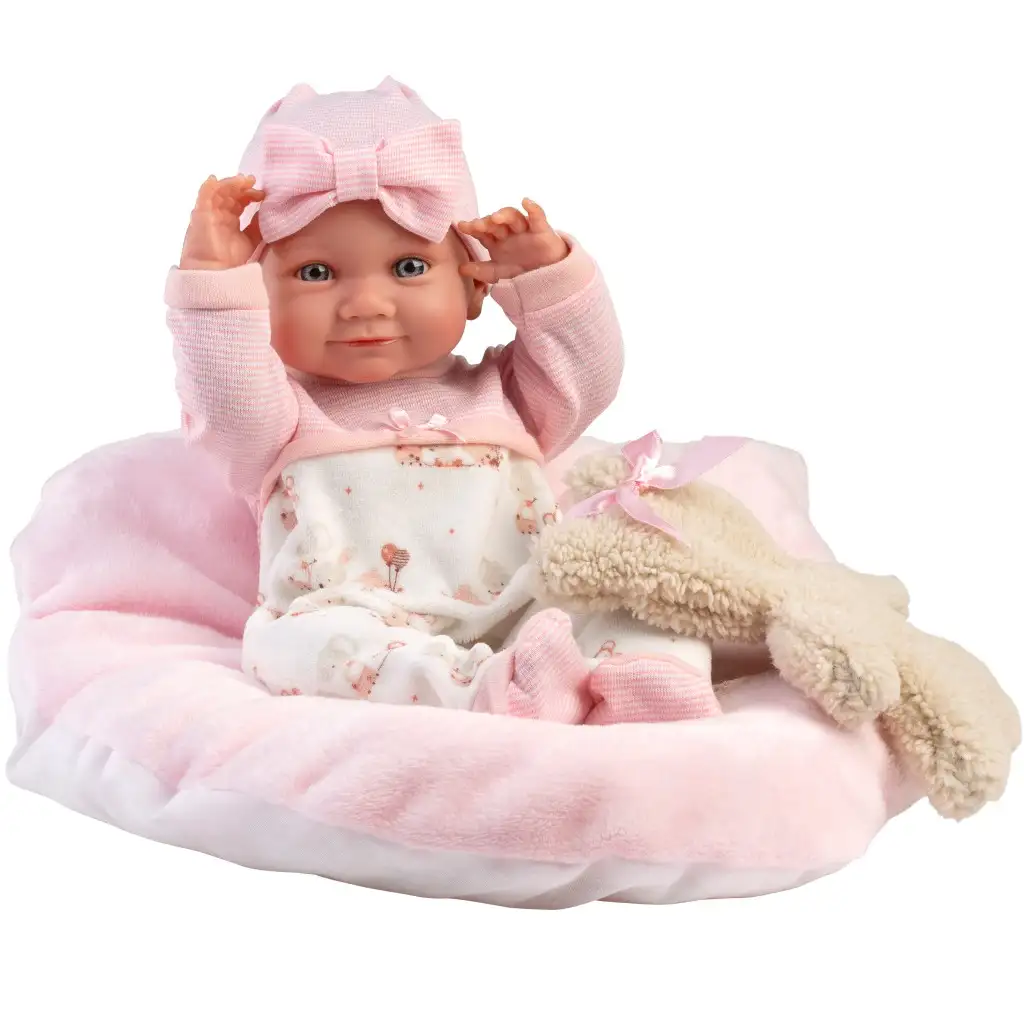 imagen de Llorens: Nica muñeca recién nacida de 40 cm con osito y cuna rosa 1