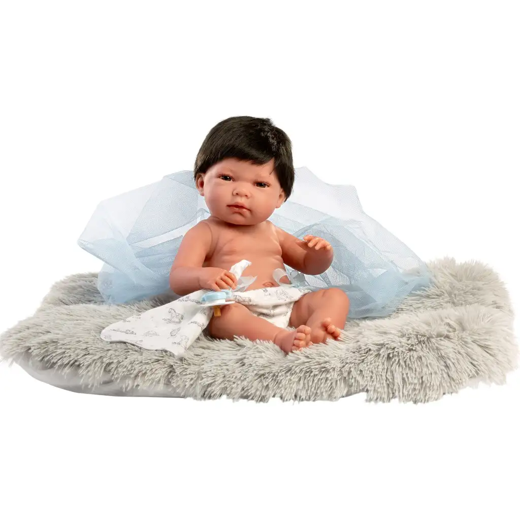 imagen de Llorens: Nico muñeca de 40cm con almohada gris peluda 2