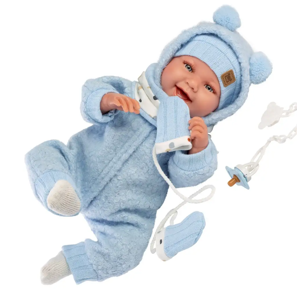 imagen de Llorens: Talo Sonrisas 44cm bebé recién nacido con sonido en traje de capucha azul 3