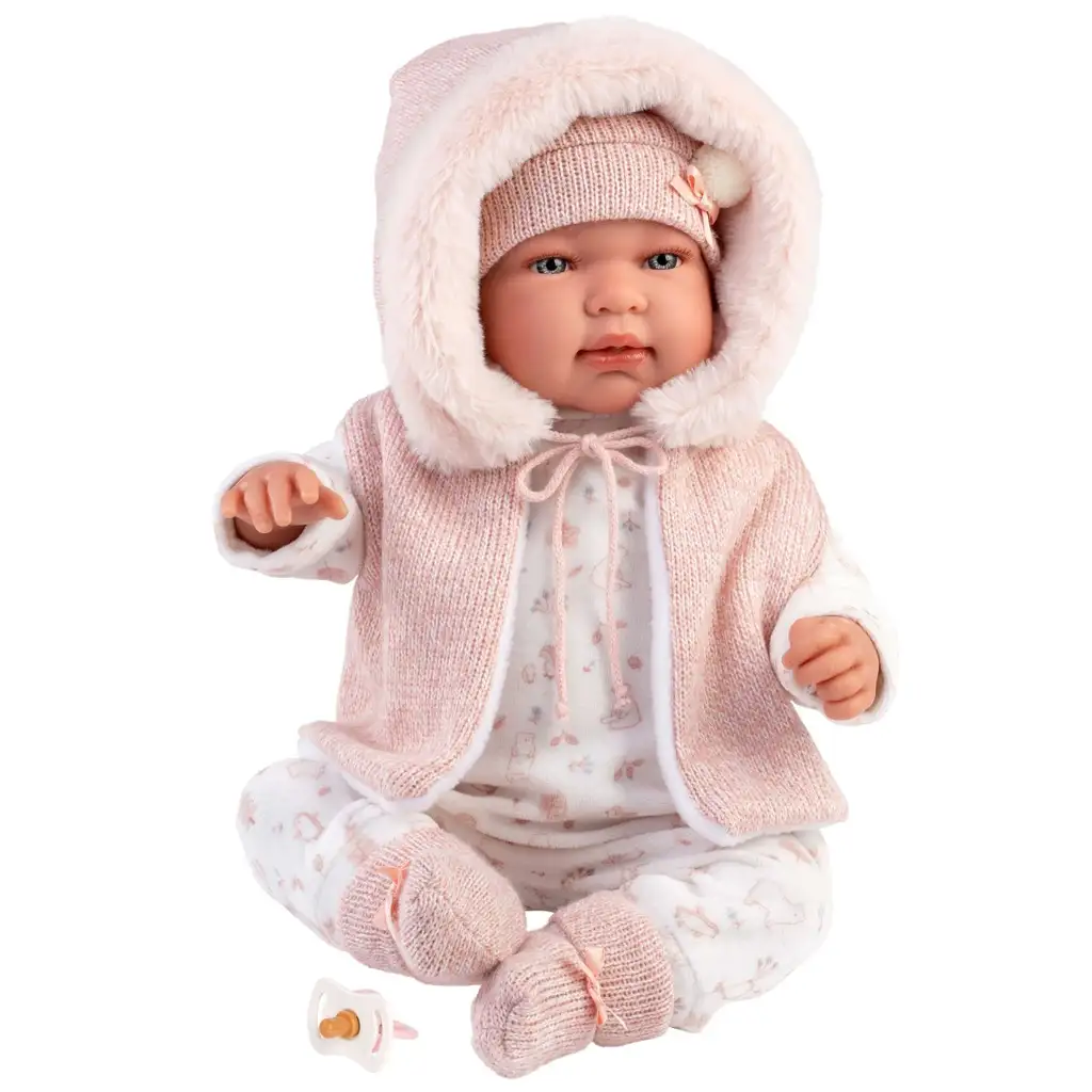 imagen de Llorens: Tina muñeca recién nacida de 44 cm con chaleco con capucha rosa 4