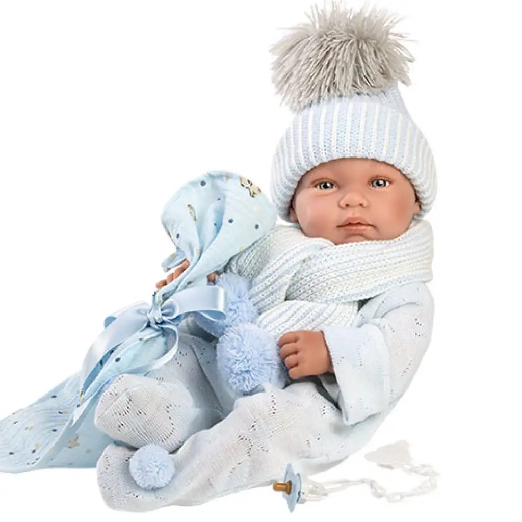 imagen de Llorens: Tino muñeco de bebé recién nacido de 43 cm niño con manta azul, chupete y 3 prendas diferentes 1