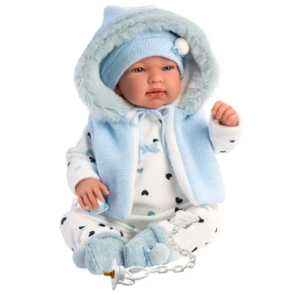 imagen de Llorens: Tino muñeco llorón de 44cm con chaleco azul con capucha 5