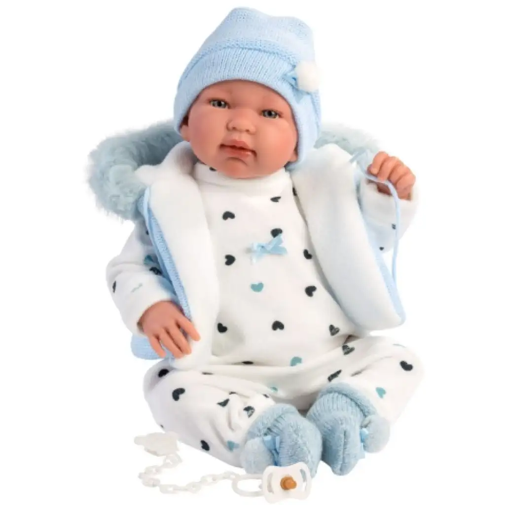 imagen de Llorens: Tino muñeco llorón de 44cm con chaleco azul con capucha 1
