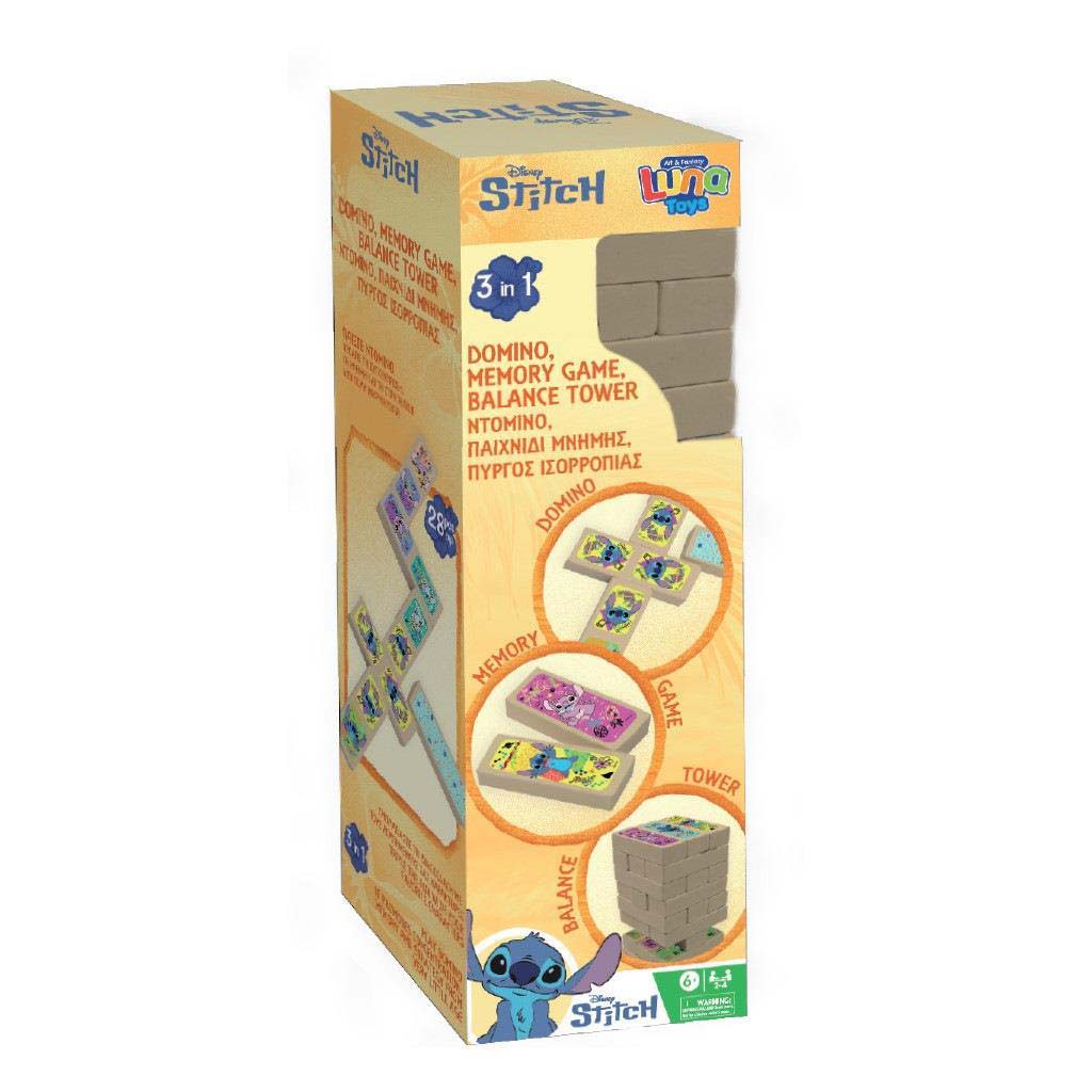 imagen de Luna: Disney Stitch 3 en 1 juego de mesa - Jenga, Dominó y Juego de Memoria 1