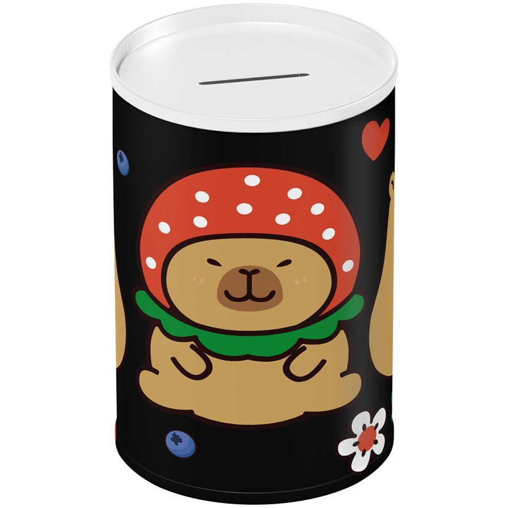 imagen de Luna: Hucha metálica en forma de cilindro con estampado de capibara 10x15 cm 1