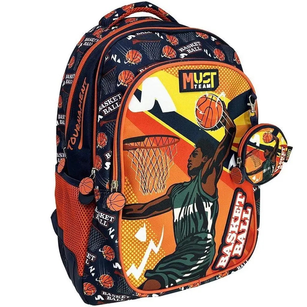 imagen de Luna: Mochila escolar naranja con estampado de baloncesto de Must Team - azul redondeada 3 compartimentos 32x18x43cm 1