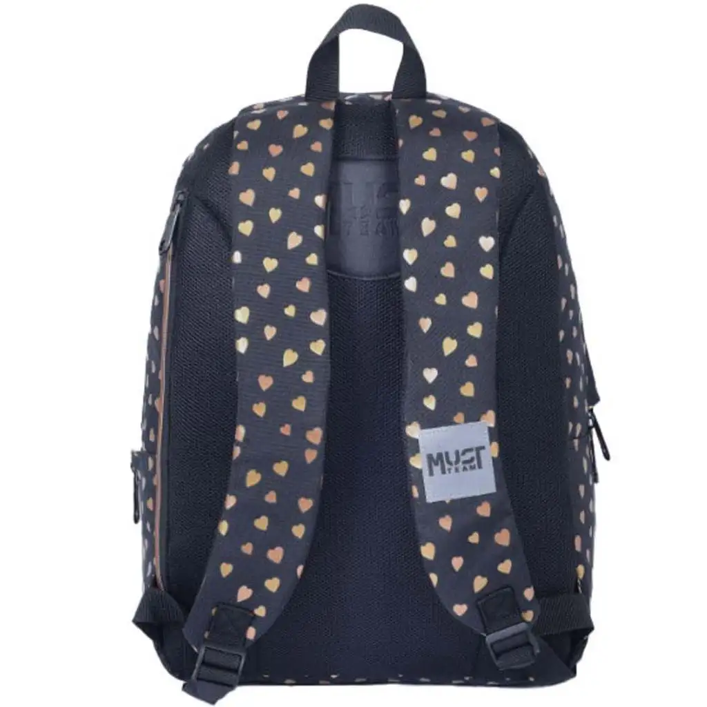 imagen de Luna: Mochila escolar negra y dorada con corazones, mochila de 1 compartimento 32x17x42cm 2