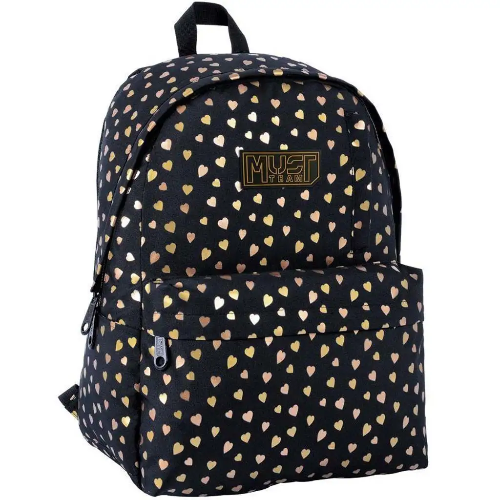 imagen de Luna: Mochila escolar negra y dorada con corazones, mochila de 1 compartimento 32x17x42cm 1