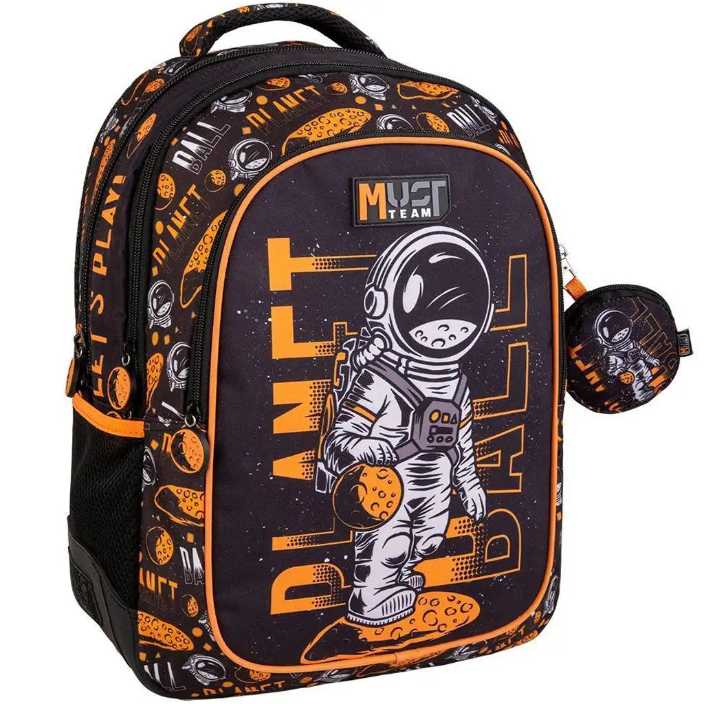 imagen de Luna: Must Team Astronauta negro-naranja redondeado mochila escolar de 3 compartimentos, mochila 32x18x43cm 1
