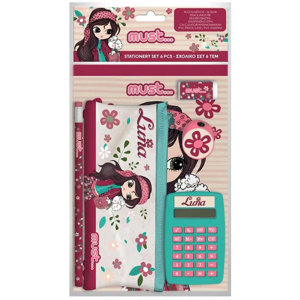 imagen de Luna: set de material escolar de 6 piezas para chicas con estuche, calculadora y útiles escolares 1
