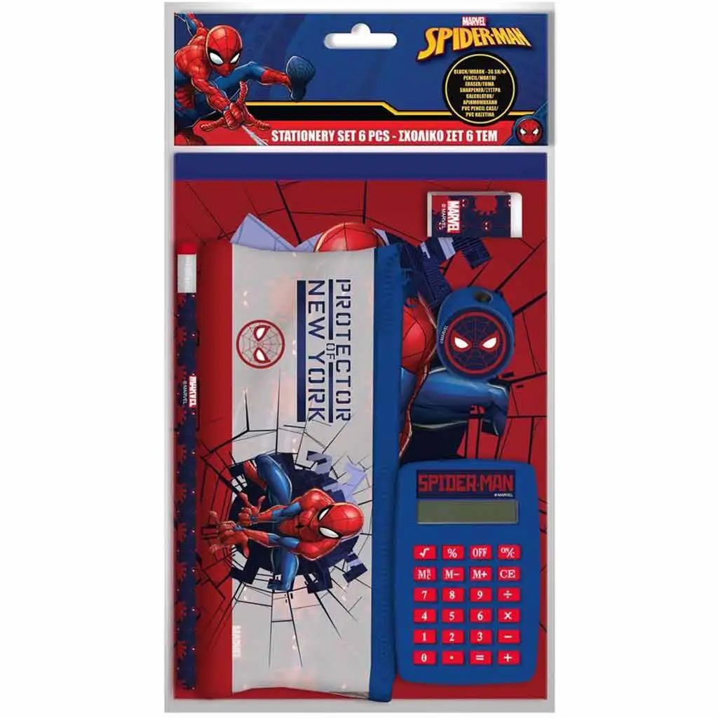 imagen de Luna: Set de material escolar de Spiderman con calculadora de 6 piezas 1