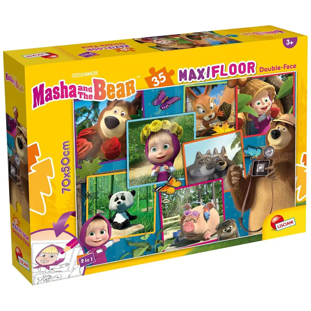 imagen de Masha y el oso imágenes 2 en 1 35 piezas maxi puzzle de suelo y colorear 70x50cm - Lisciani 1