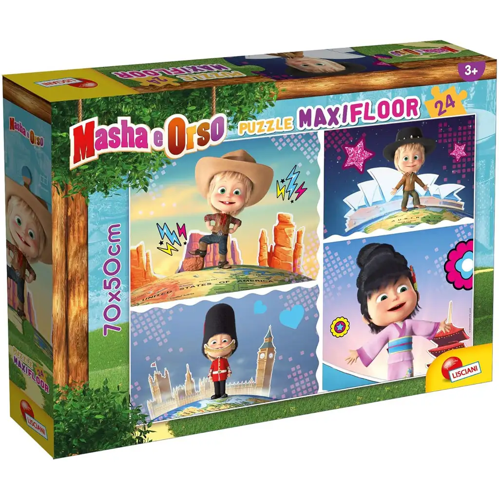 imagen de Masha y el oso Masha viaja por el mundo puzzle maxi de 24 piezas 70x50cm - Lisciani 1