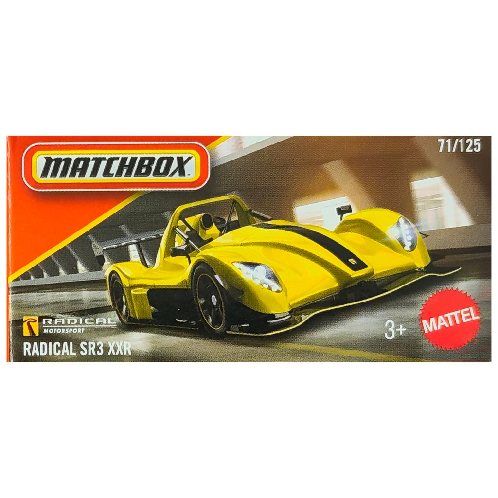 imagen de Matchbox: Radical SR3 XXR coche pequeño amarillo en caja de cartón 1/64 – Mattel 1