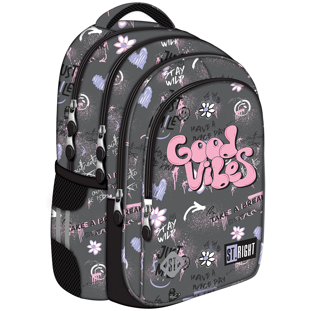 imagen de Mochila escolar gris con la inscripción St.Right Good Vibes, mochila BP58 40x28x18cm 1