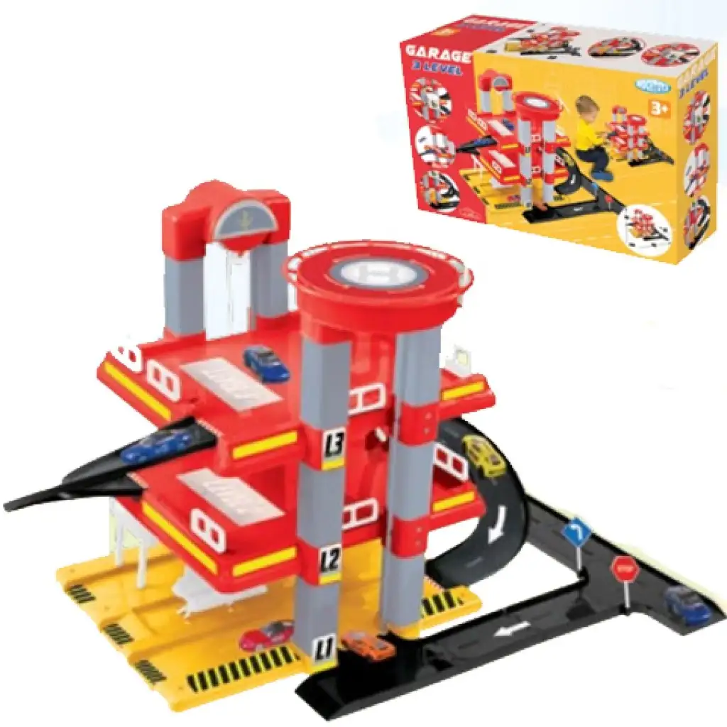 imagen de Mochtoys: casa de estacionamiento de 3 niveles con cochecito 59x57x46cm 1