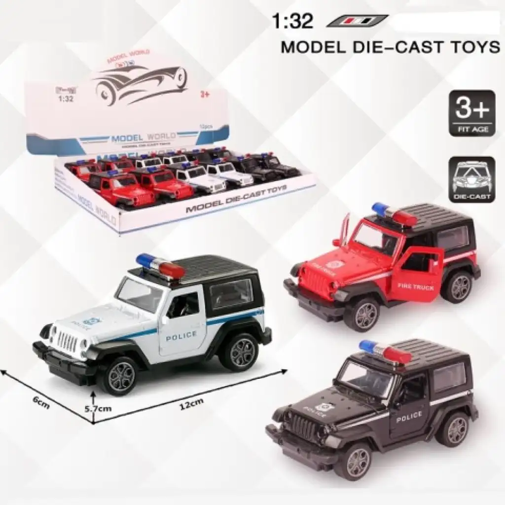 imagen de Modelo de coche de metal Jeep Wrangler de policía con retroceso en varias versiones 1/32 1