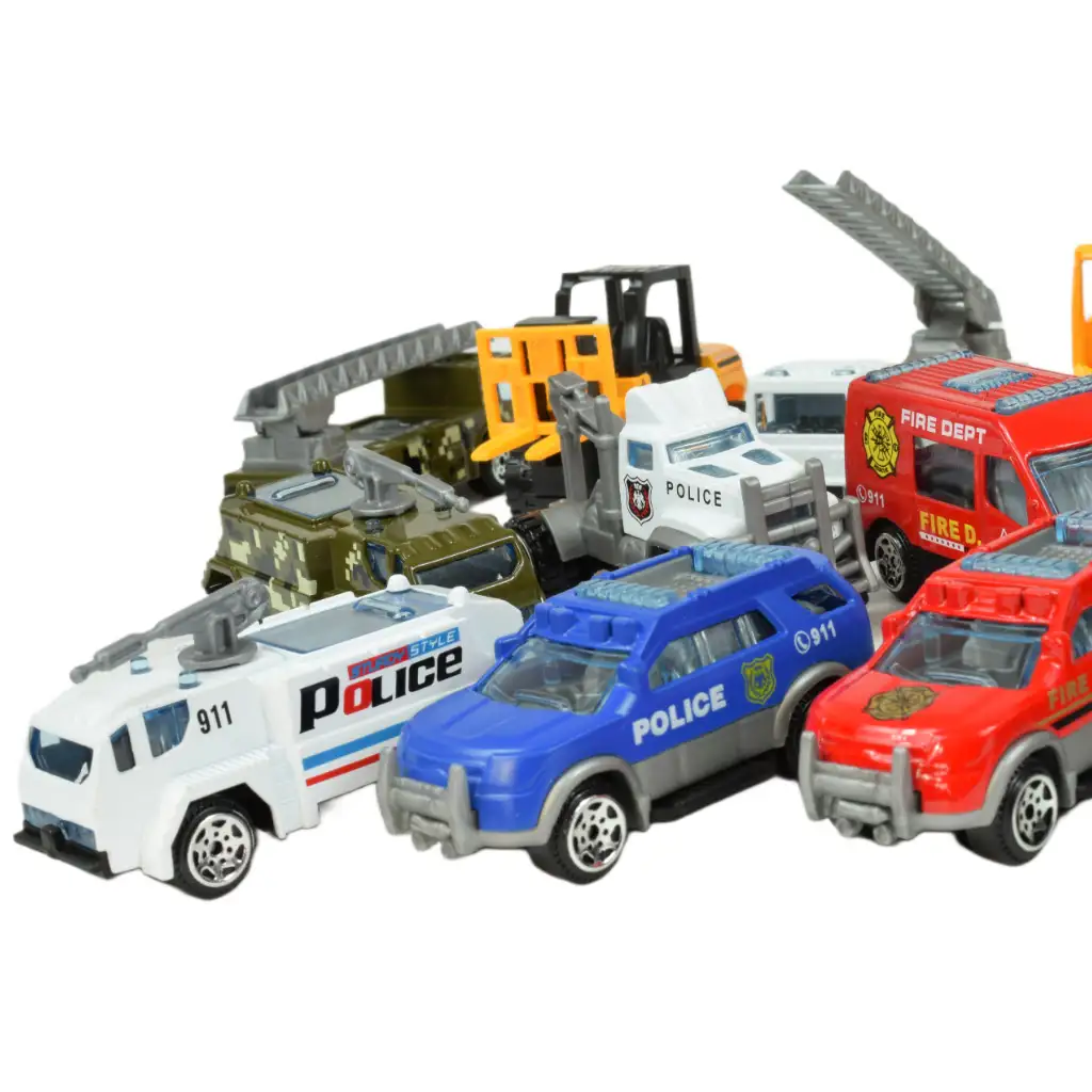 imagen de Modelo de coche: Set de vehículos de servicio público de 16 piezas, de rescate, bomberos, militares y maquinaria 9