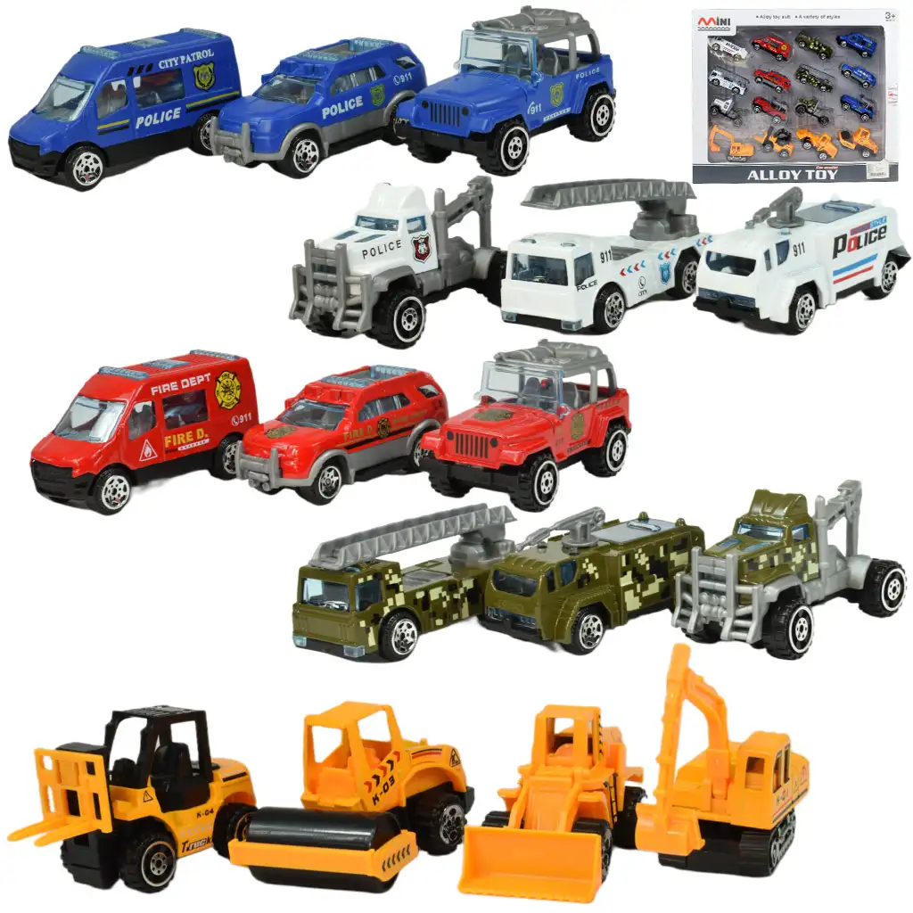 imagen de Modelo de coche: Set de vehículos de servicio público de 16 piezas, de rescate, bomberos, militares y maquinaria 1