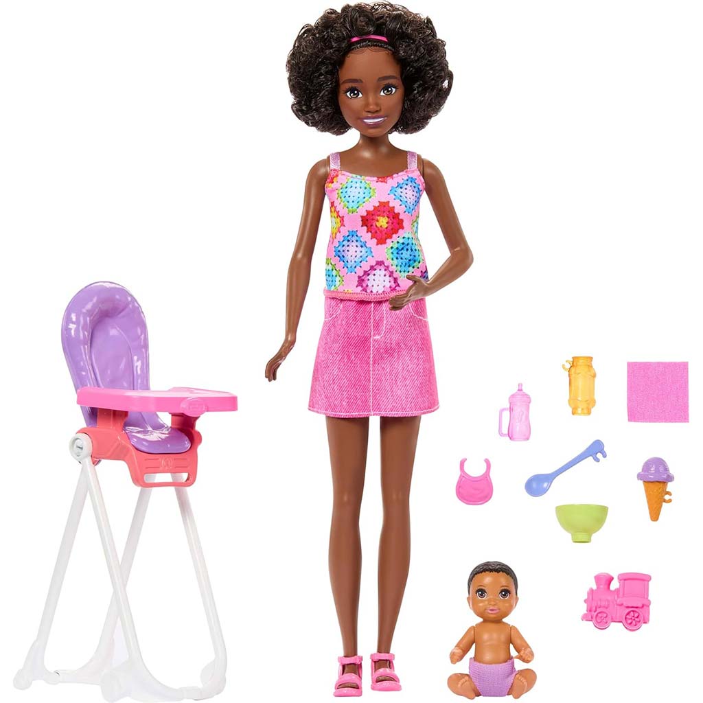 imagen de Muñeca Barbie con vestido rosa - set de juego de niñera - Mattel 2