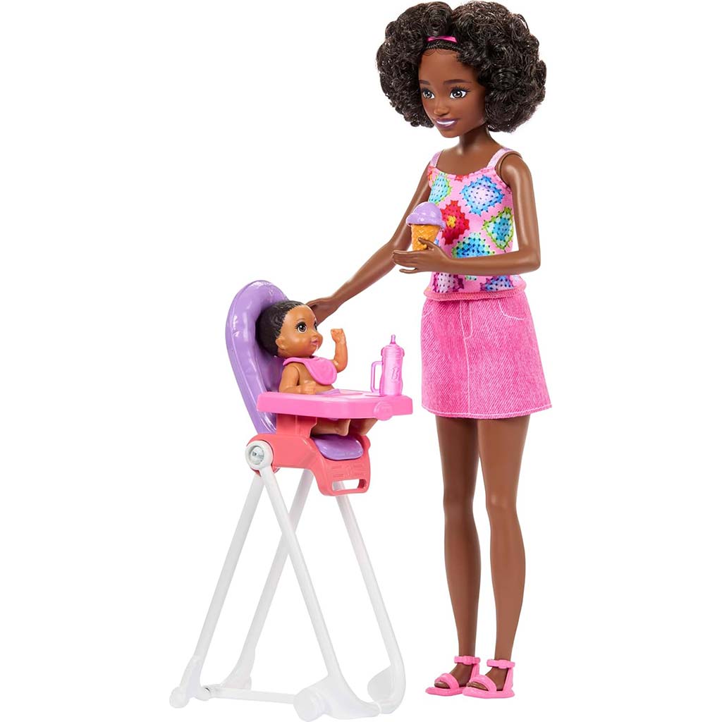 imagen de Muñeca Barbie con vestido rosa - set de juego de niñera - Mattel 3