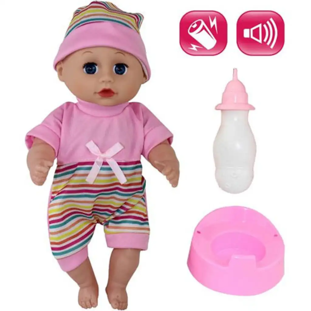 imagen de Muñeca con gorro, accesorios y sonido 30cm 1