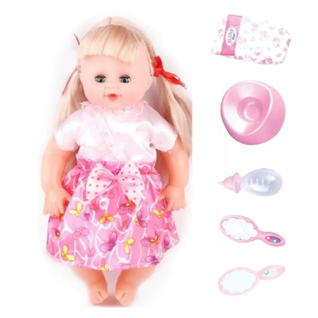 imagen de Muñeca con pelo en vestido rosa con accesorios de 35 cm 2
