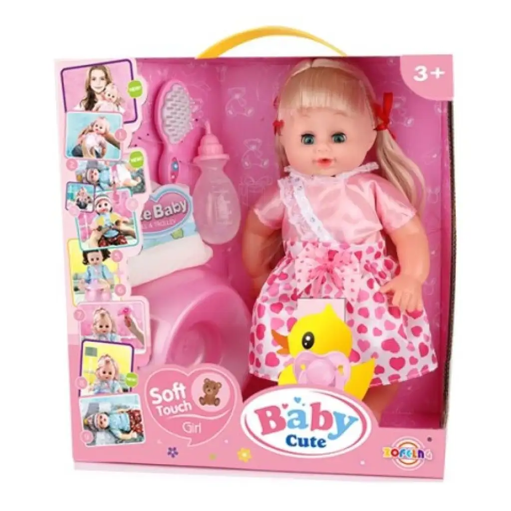 imagen de Muñeca con pelo en vestido rosa con accesorios de 35 cm 1
