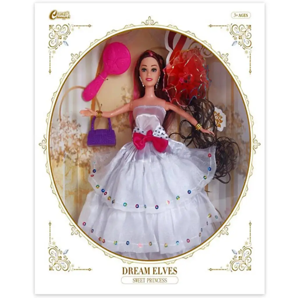 imagen de Muñeca de moda con peluca y accesorios en vestido blanco de 30cm 1