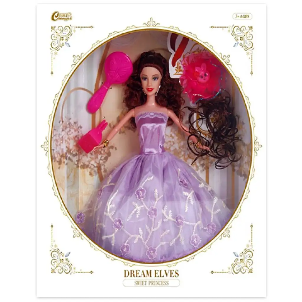imagen de Muñeca de moda con peluca y accesorios en vestido morado de 30cm 1