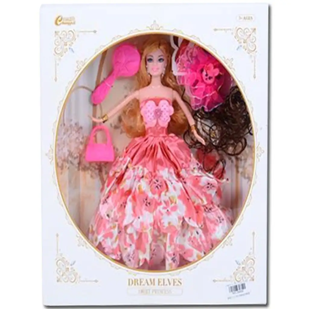 imagen de Muñeca de moda con peluca y accesorios en vestido rosa de 30cm 1