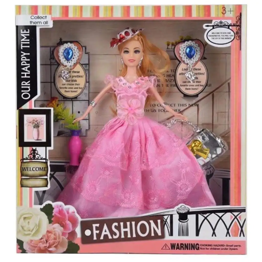 imagen de Muñeca de moda con sombrero, vestido de baile rosa con accesorios de 29cm 1
