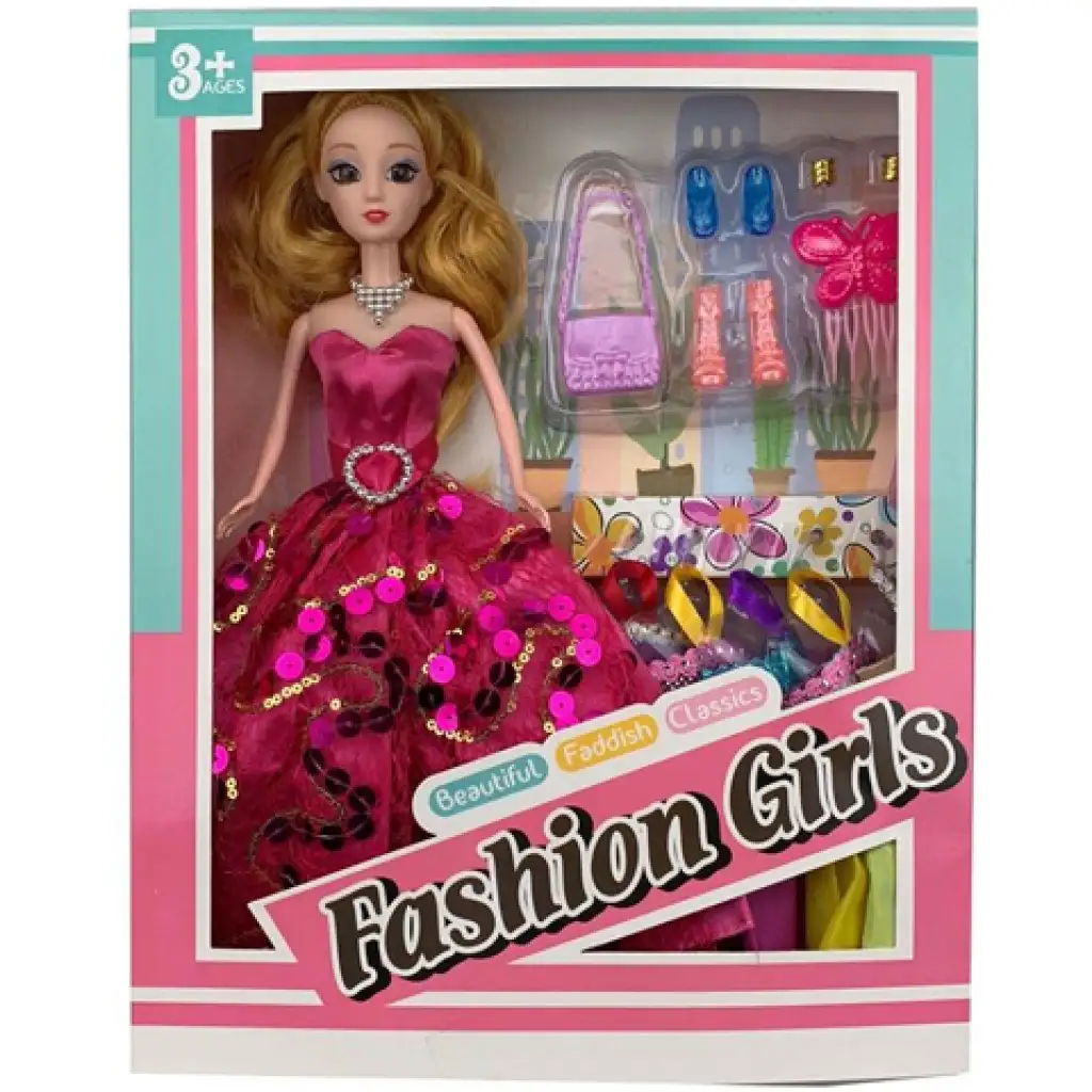 imagen de Muñeca de moda con vestido de lentejuelas rosas y accesorios 28cm 1