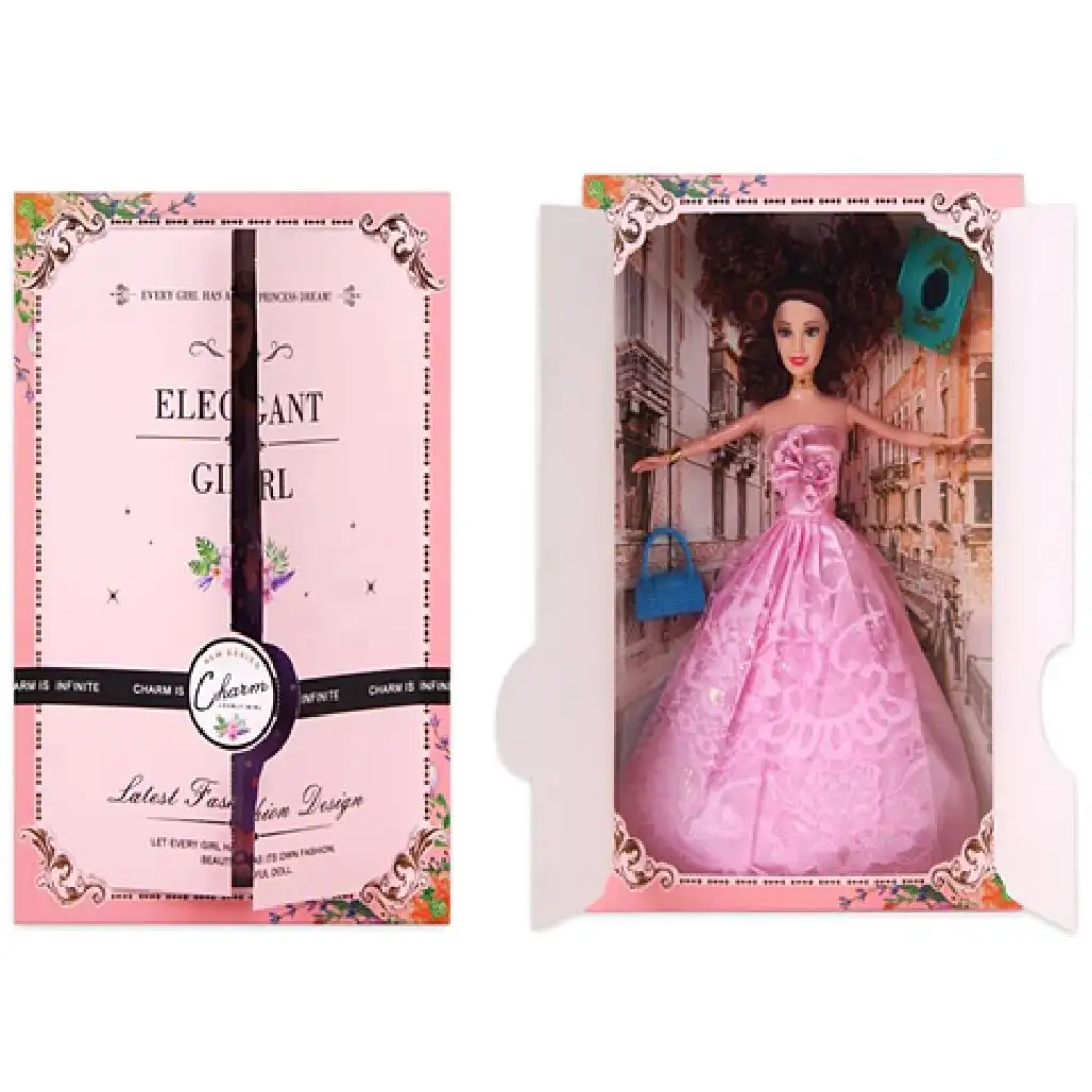 imagen de Muñeca de moda elegante con accesorios en vestido rosa de 30cm 1