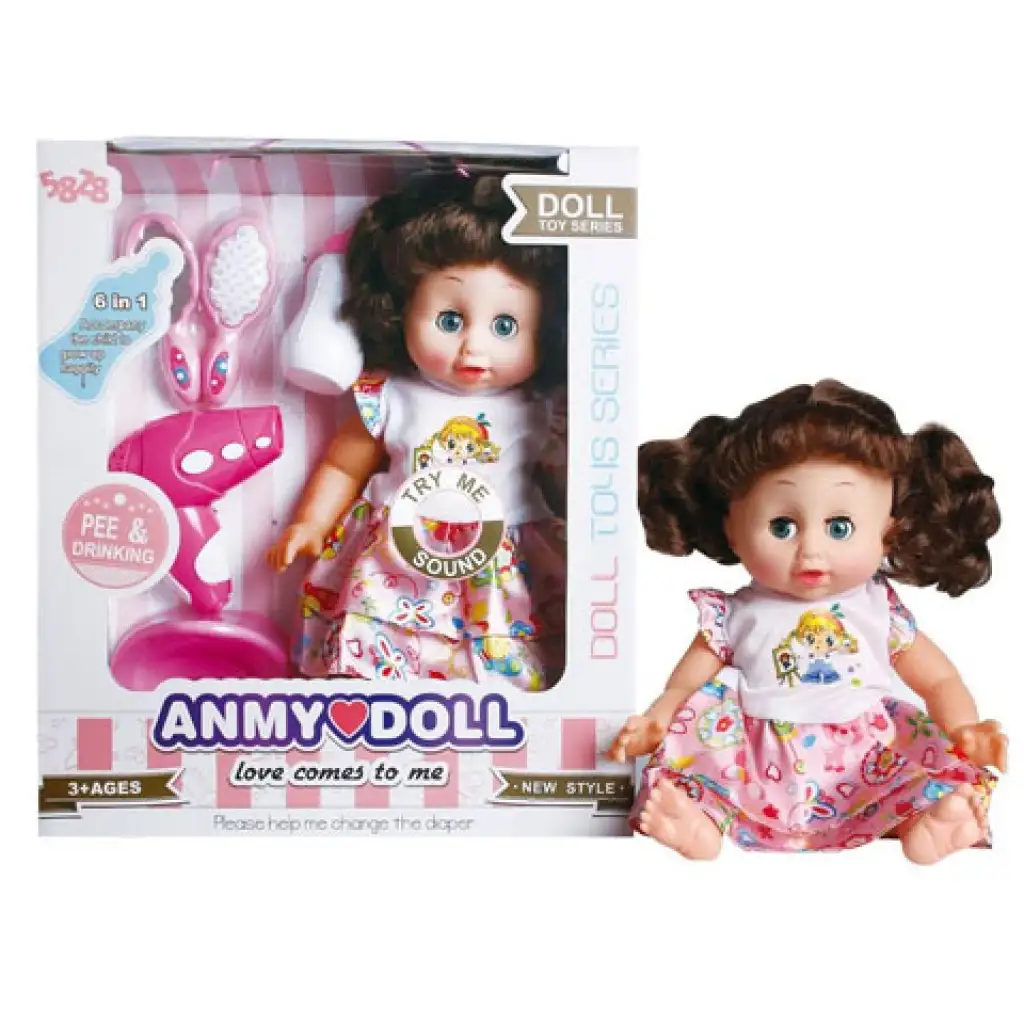 imagen de Muñeca meona de pelo castaño con secador de pelo, orinal y accesorios 1