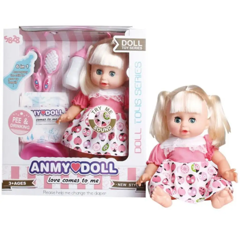 imagen de Muñeca rubia que orina con sonido, vestida de mariquita 1