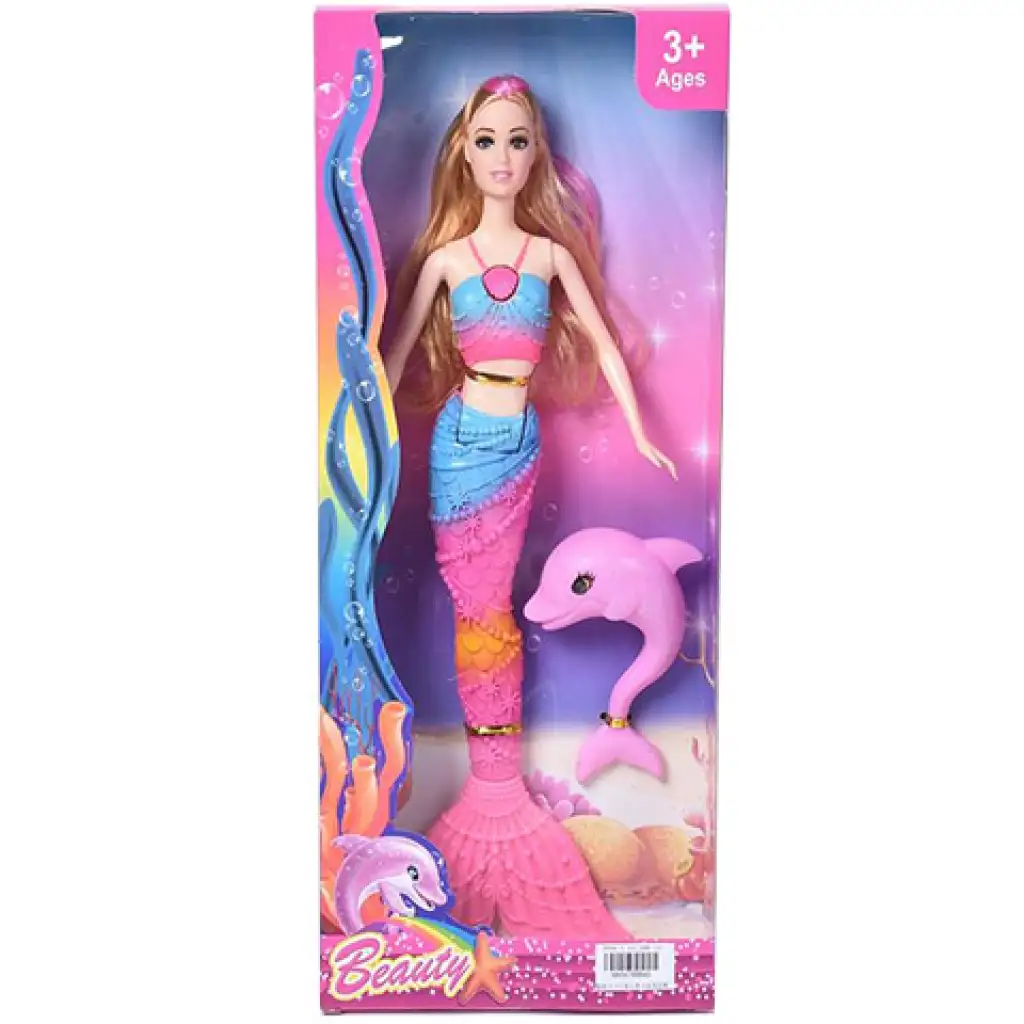 imagen de Muñeca sirena rubia con delfín 30cm 1