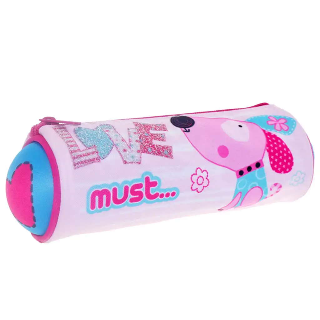imagen de Must: Estuche cilíndrico de perrito rosa 20x8cm 1