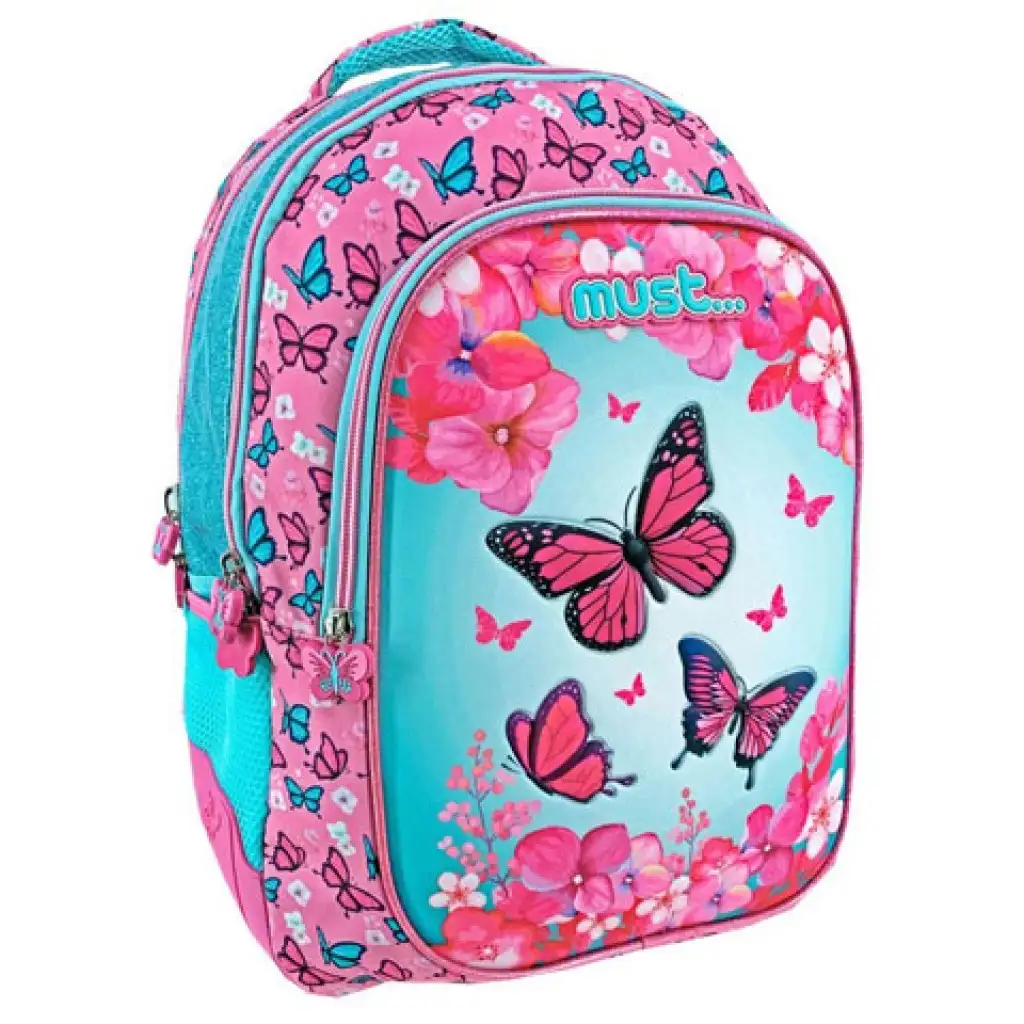 imagen de Must... Mochila escolar de mariposa de tres compartimentos, mochila 32x18x43cm 1
