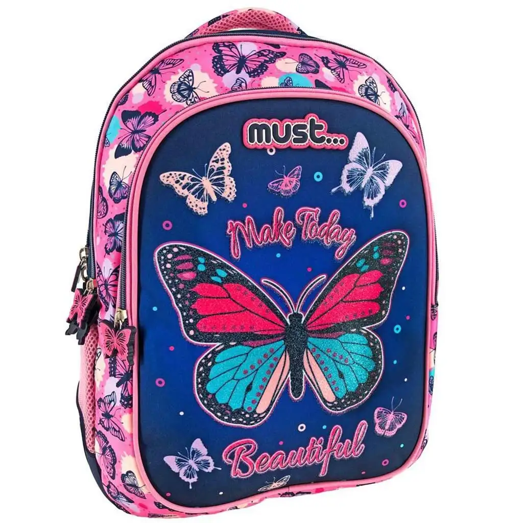 imagen de Must: Mochila escolar de tres compartimentos con estampado de mariposas 32x18x43cm 1