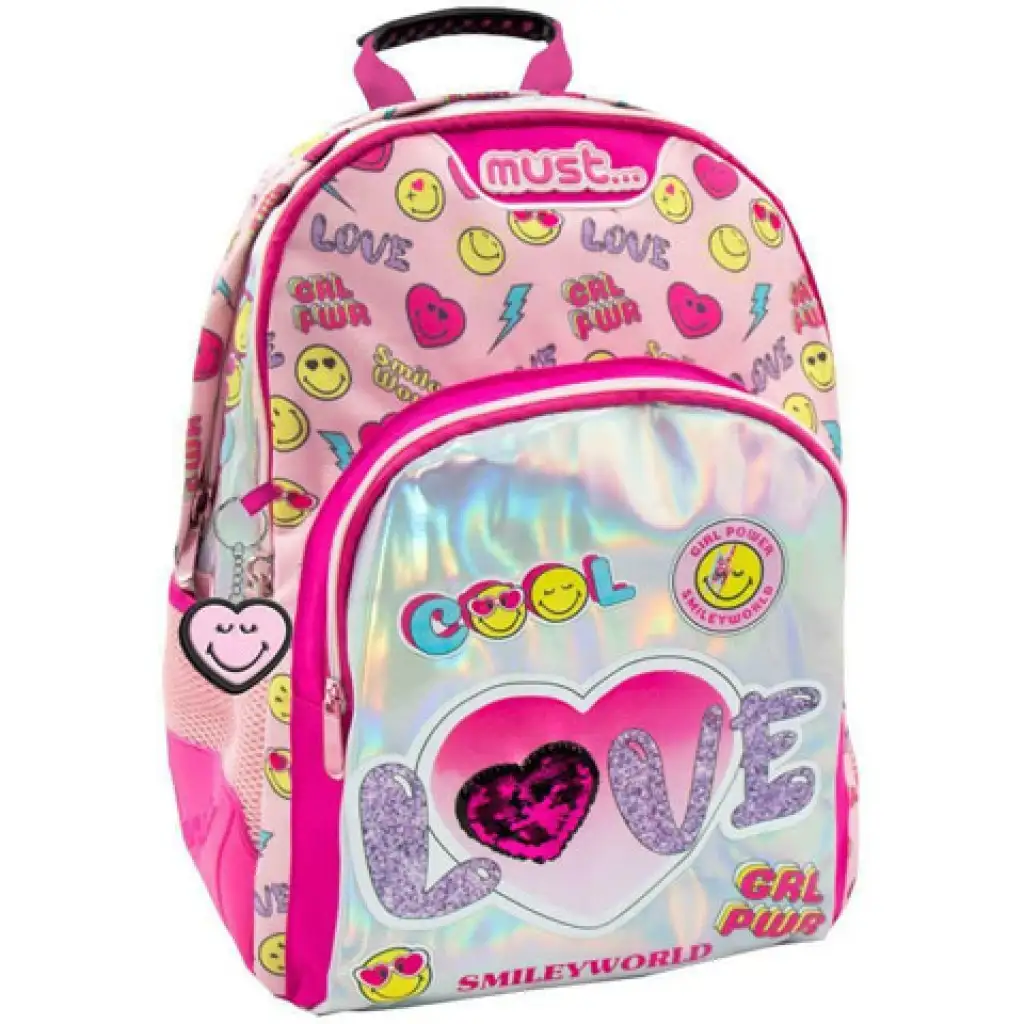 imagen de Must... Mochila escolar redondeada de tres compartimentos Smiley 32x18x43cm 1