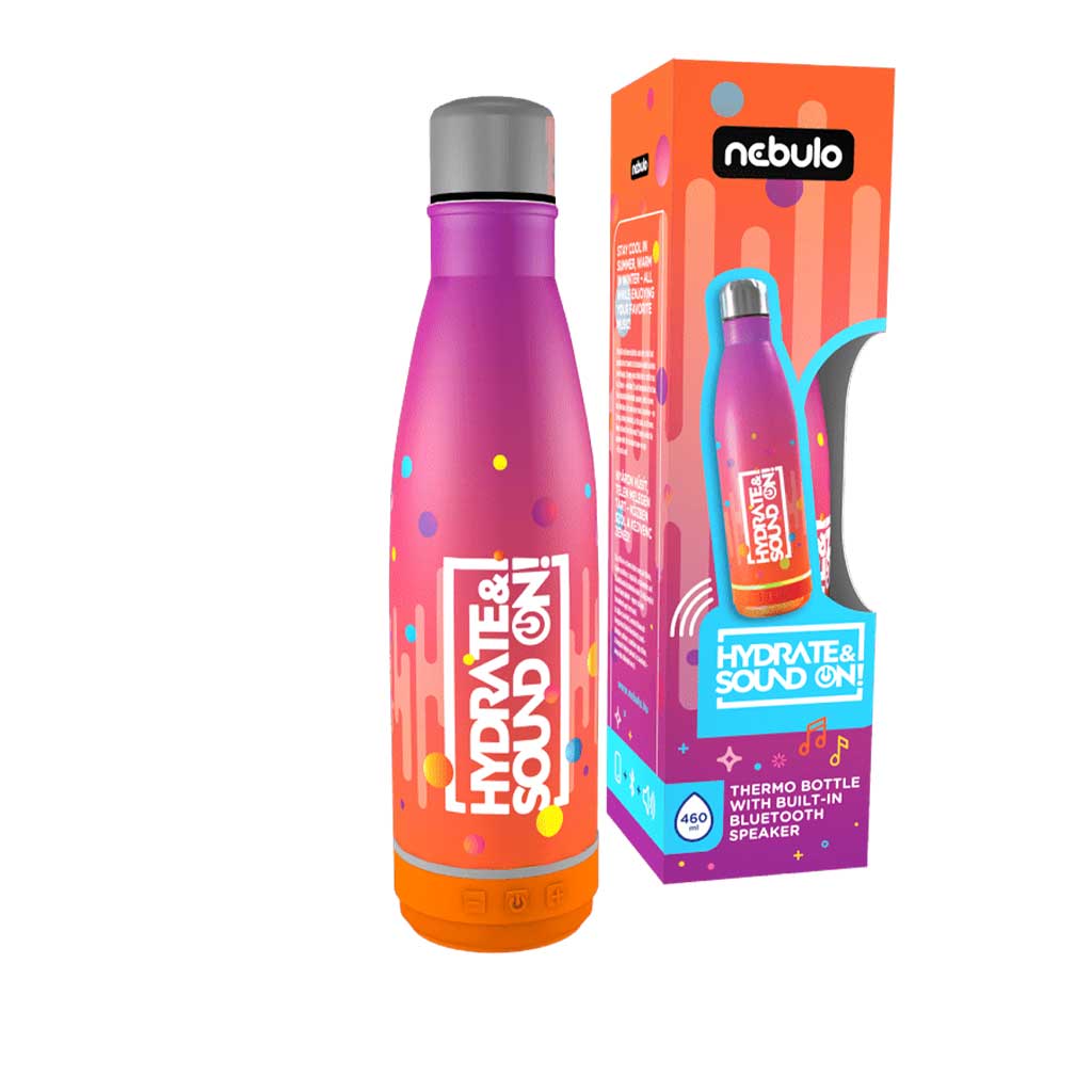 imagen de Nebulo: Botella Térmica 460ml con altavoz BLUETOOTH incorporado en color rosa-naranja 1