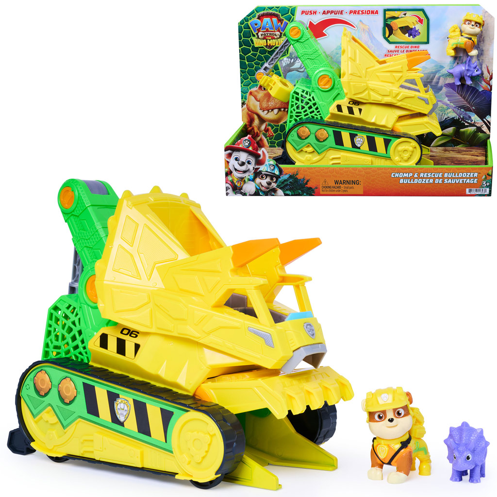imagen de Paw Patrol La Película de Dinosaurios: Vehículo de Rescate Chomp & Rescue con figura de Rubble - Spin Master 1