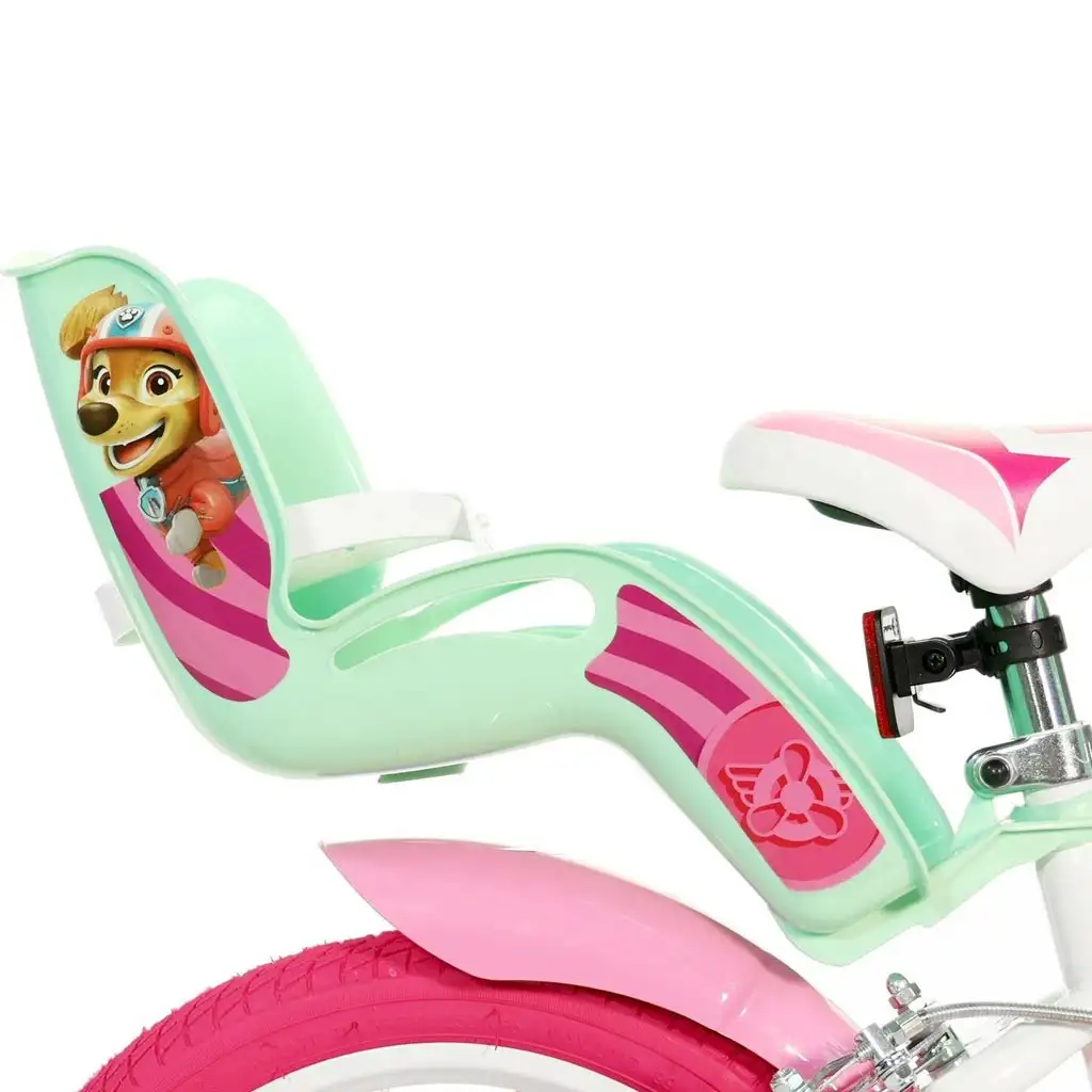 imagen de Paw Patrol Skye bicicleta infantil de 14” con cesta y asiento para muñeca en color rosa y verde menta – bicicleta Dino Bikes 2
