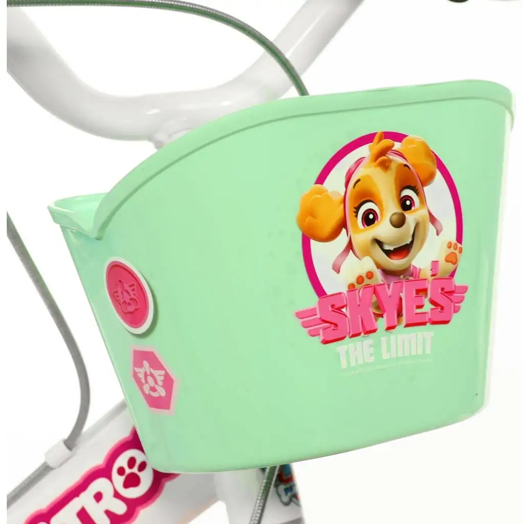 imagen de Paw Patrol Skye bicicleta infantil de 14” con cesta y asiento para muñeca en color rosa y verde menta – bicicleta Dino Bikes 3